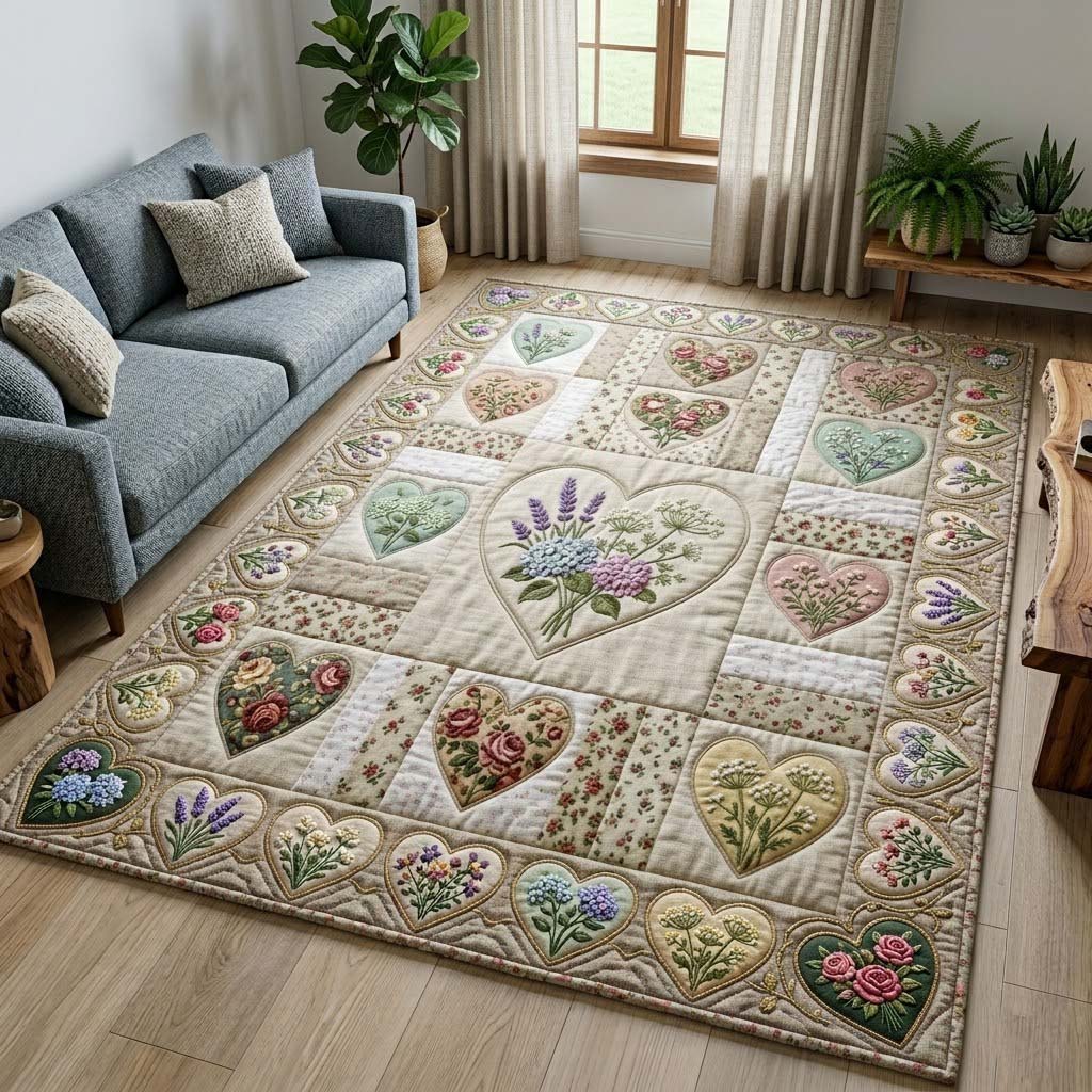 Flower Patchwork area rug in a living room