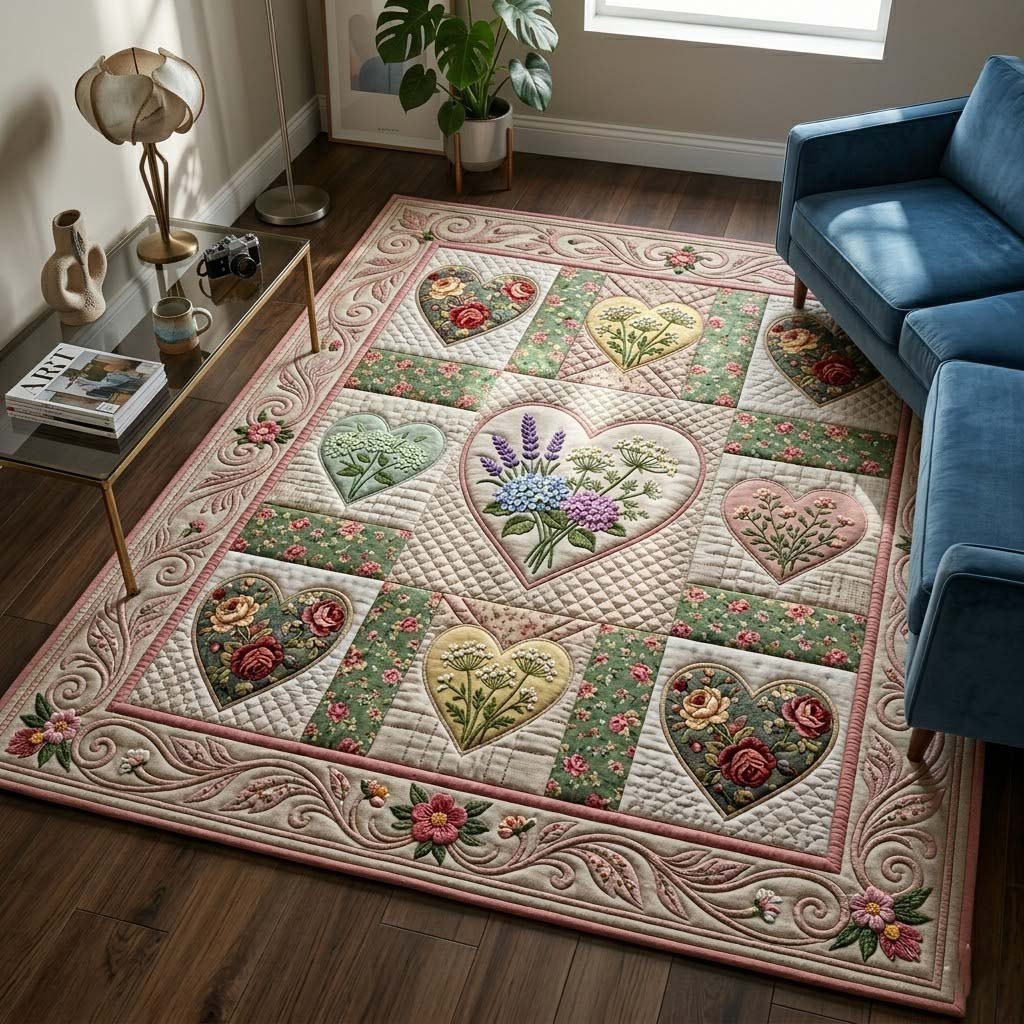 Flower Patchwork area rug in a living room