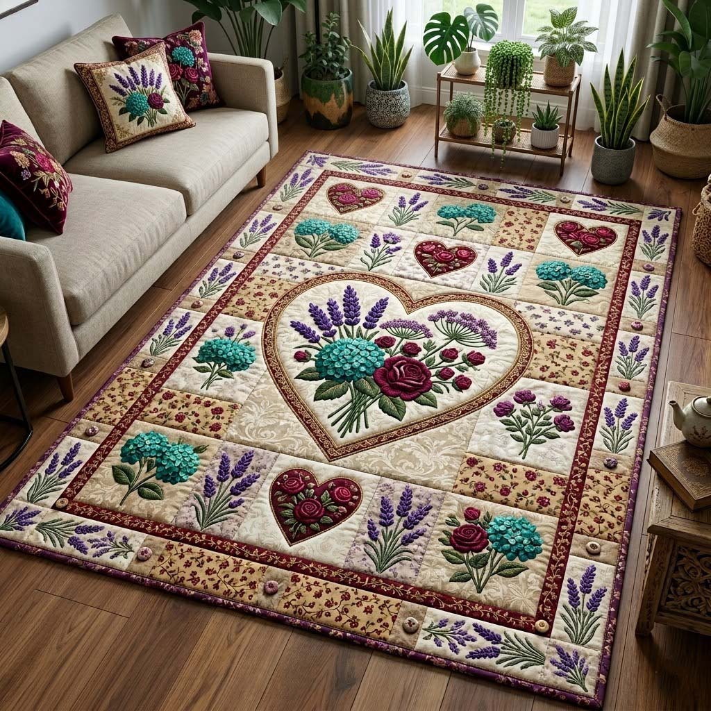 Flower Patchwork area rug in a living room