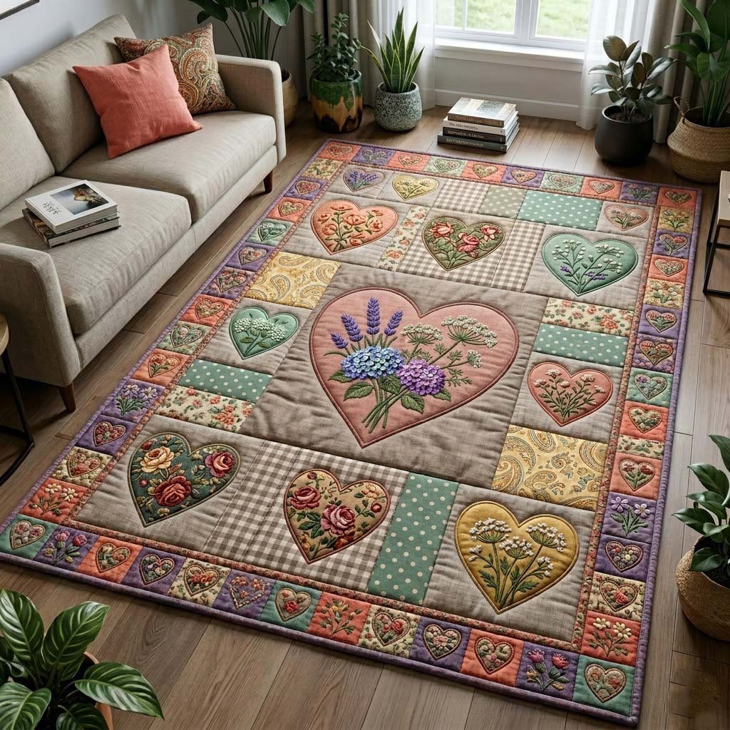 Flower Patchwork area rug in a living room