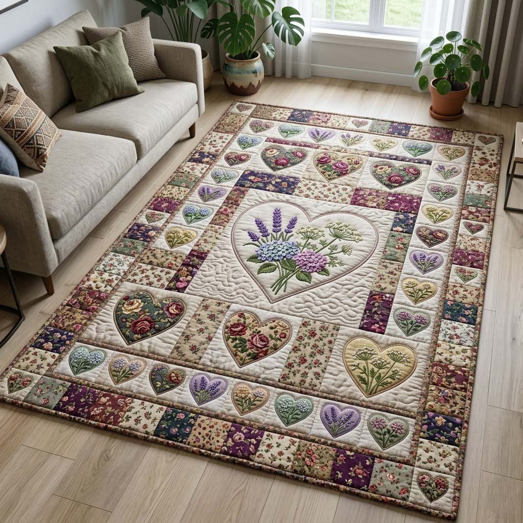 Flower Patchwork area rug in a living room