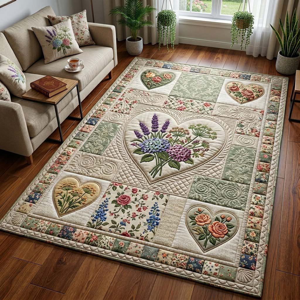 Flower Patchwork area rug in a living room
