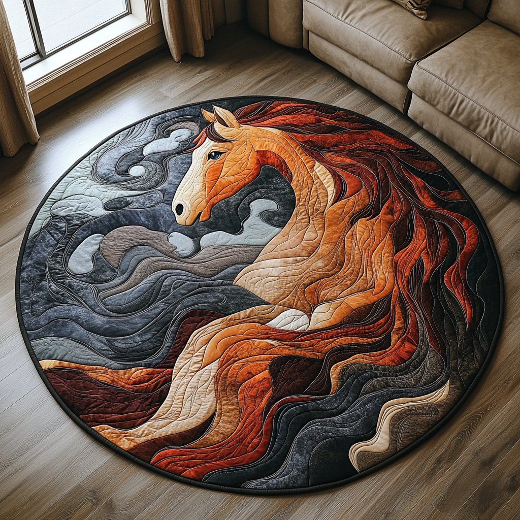 Flowing Horse Round Mat Rug - washable non-slip printed rug