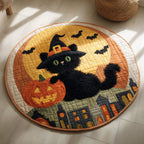 Fluffy Black Cat Halloween Round Mat Rug - Cute Pet Design | Animal Printed Home Decor