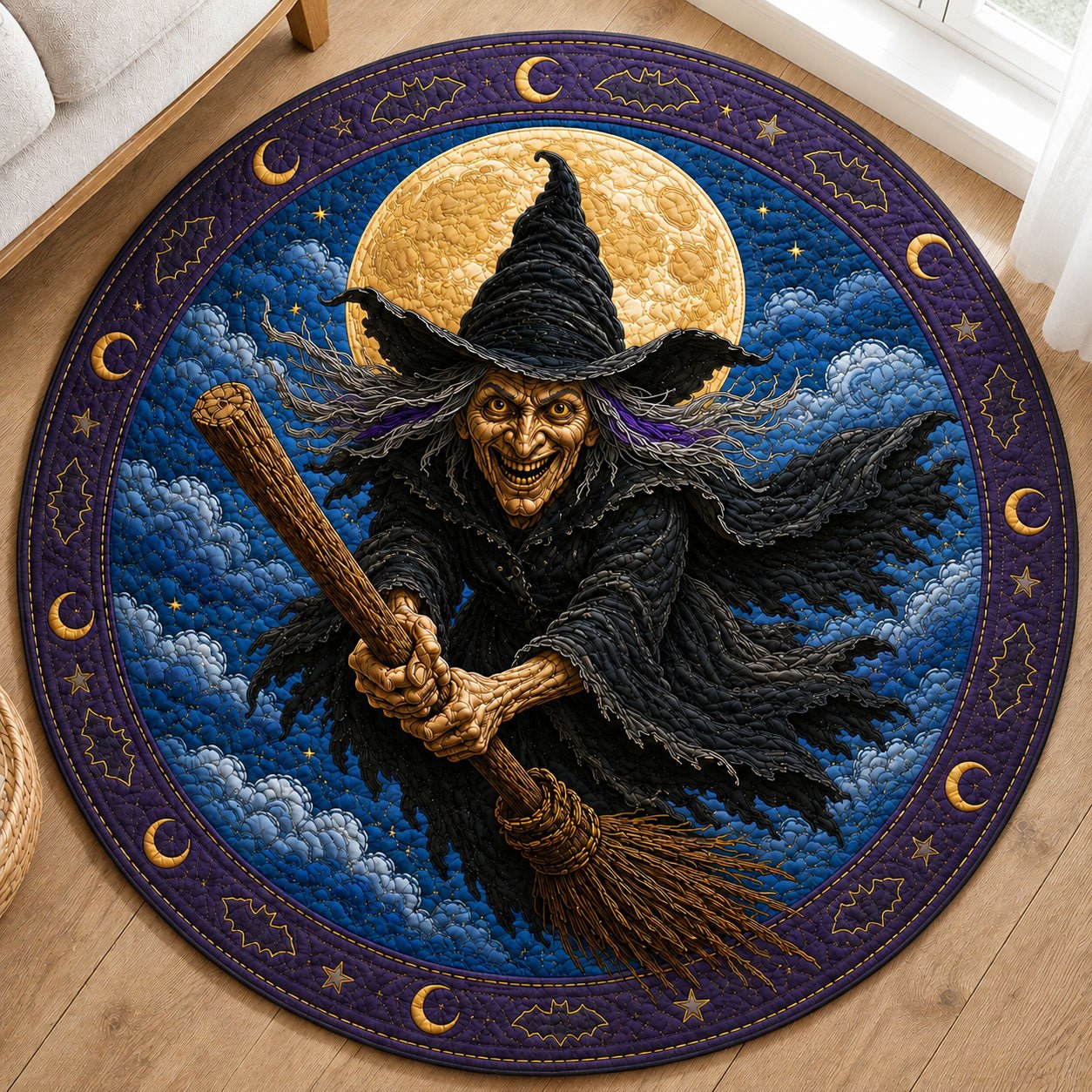 Flying Witch Full Moon Round Mat Rug - Nature Design | Serene Home Decor