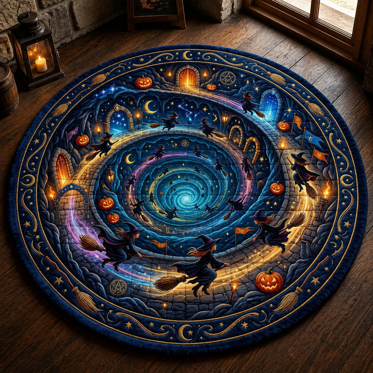Flying Witches Halloween Round Mat Rug - washable non-slip printed rug