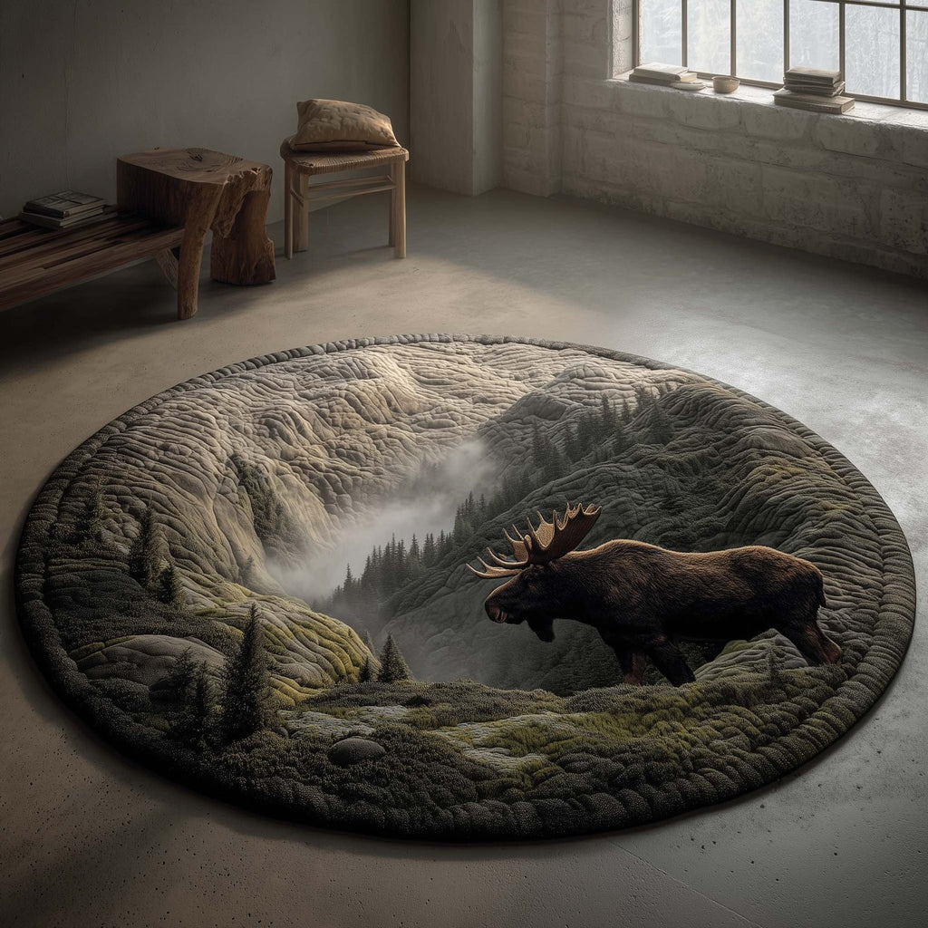 Fog Valley Moose Round Mat Rug - Nature Design | Serene Home Decor