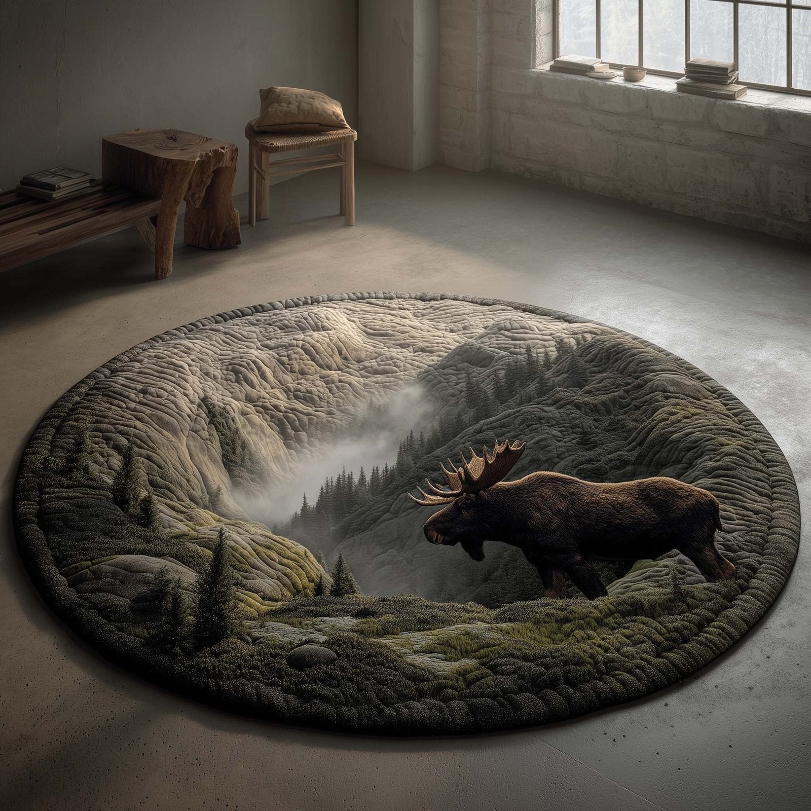 Fog Valley Moose Round Mat Rug - Nature Design | Serene Home Decor