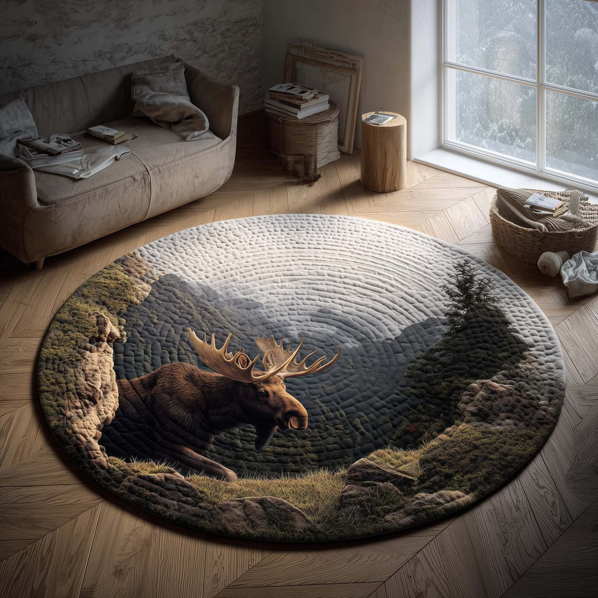 Fog Valley Moose Round Mat Rug - washable non-slip printed rug