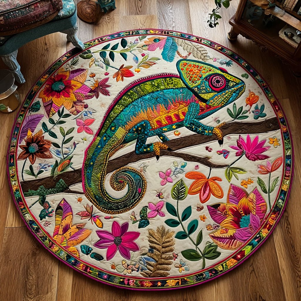 Folk Art Chameleon Round Mat Rug - washable non-slip printed rug