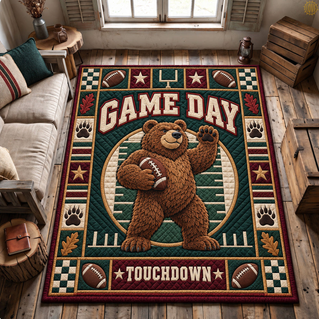 Football Bear Touchdown area rug in a living room