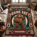 Football Bear Touchdown area rug in a living room