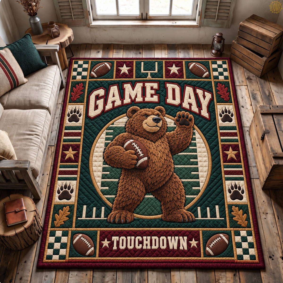 Football Bear Touchdown area rug in a living room
