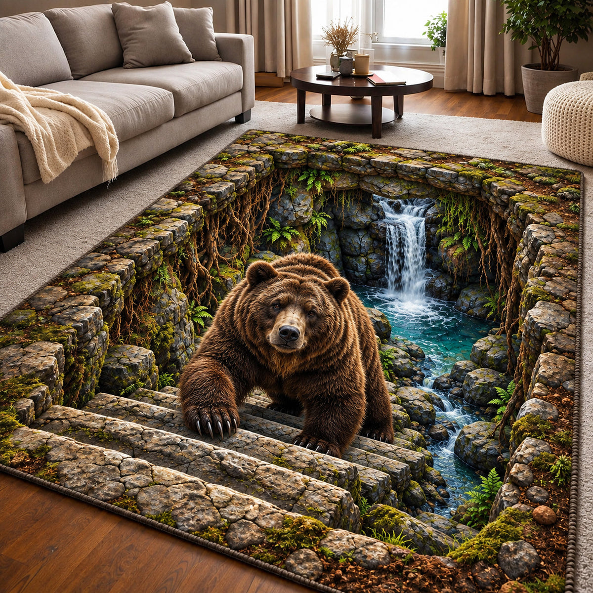 Forest Bear area rug in a living room