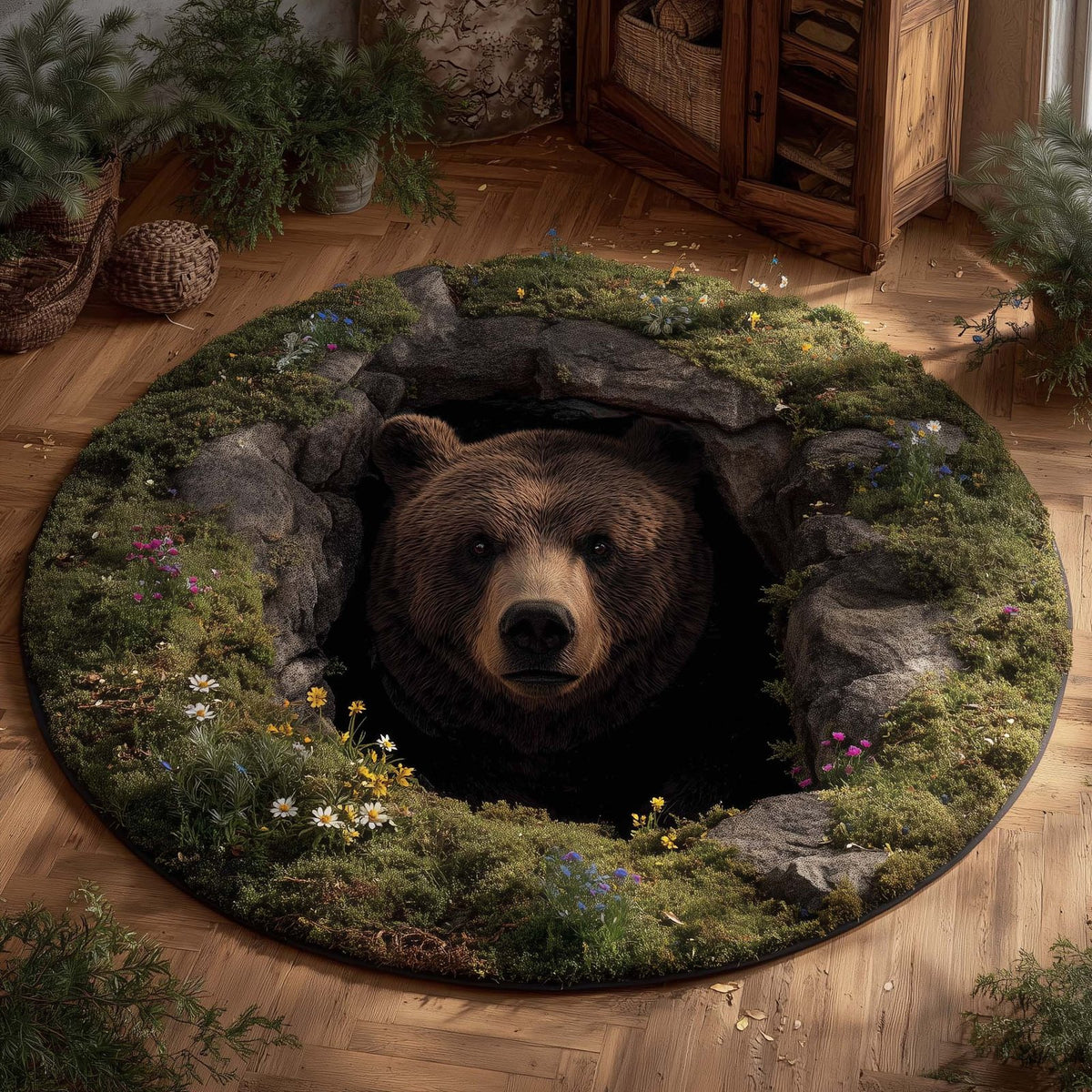 Forest Bear Round Mat Rug - washable non-slip printed rug