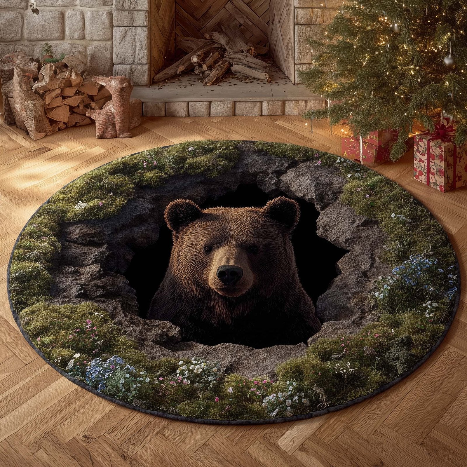 Forest Bear Round Mat Rug - Cute Pet Design | Animal Printed Home Decor