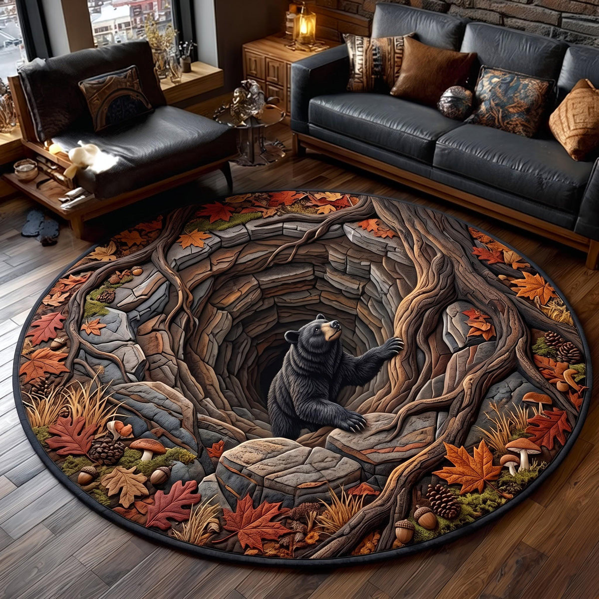 Forest Bear Round Mat Rug - Cute Animal Design | Charming Home Decor - washable non-slip printed rug