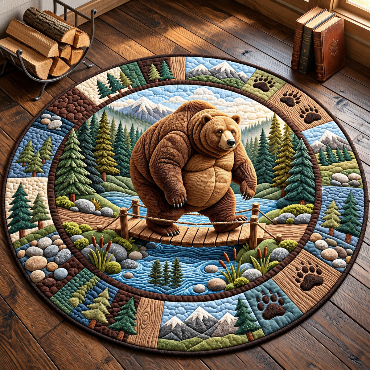 Forest Bear Round Mat Rug - Cute Animal Design | Cute Animal Round Rug - washable non-slip printed rug