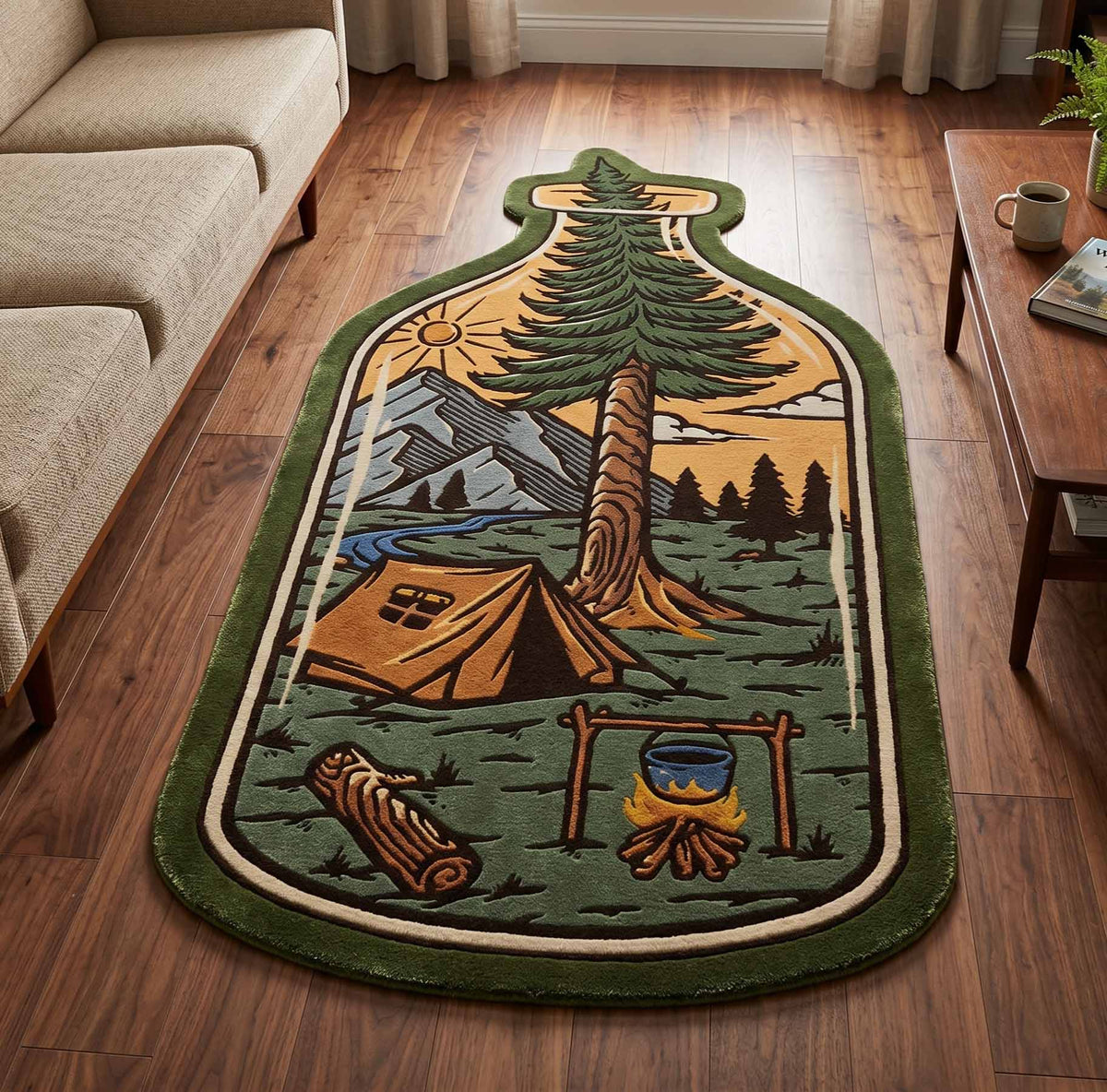Forest Camp Custom Shape Area Rug - Nature Design | Die-Cut Non-Slip Rug - washable non-slip printed rug