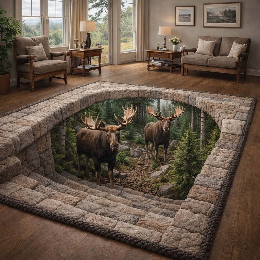 Forest Canyon Moose area rug in a living room