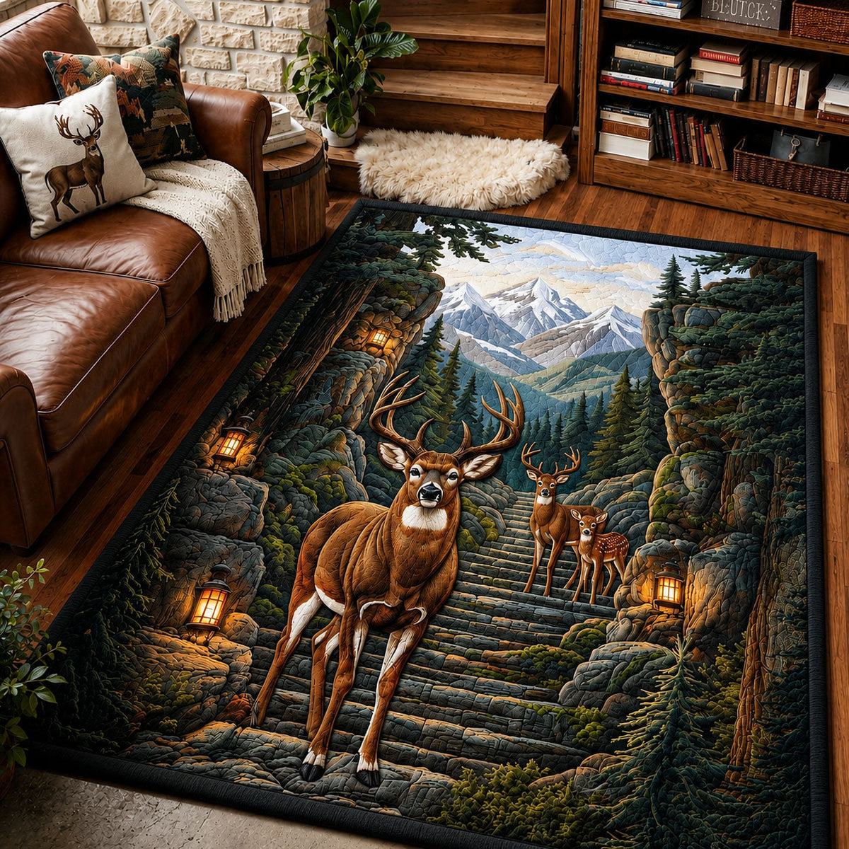 Forest Deer area rug in a living room