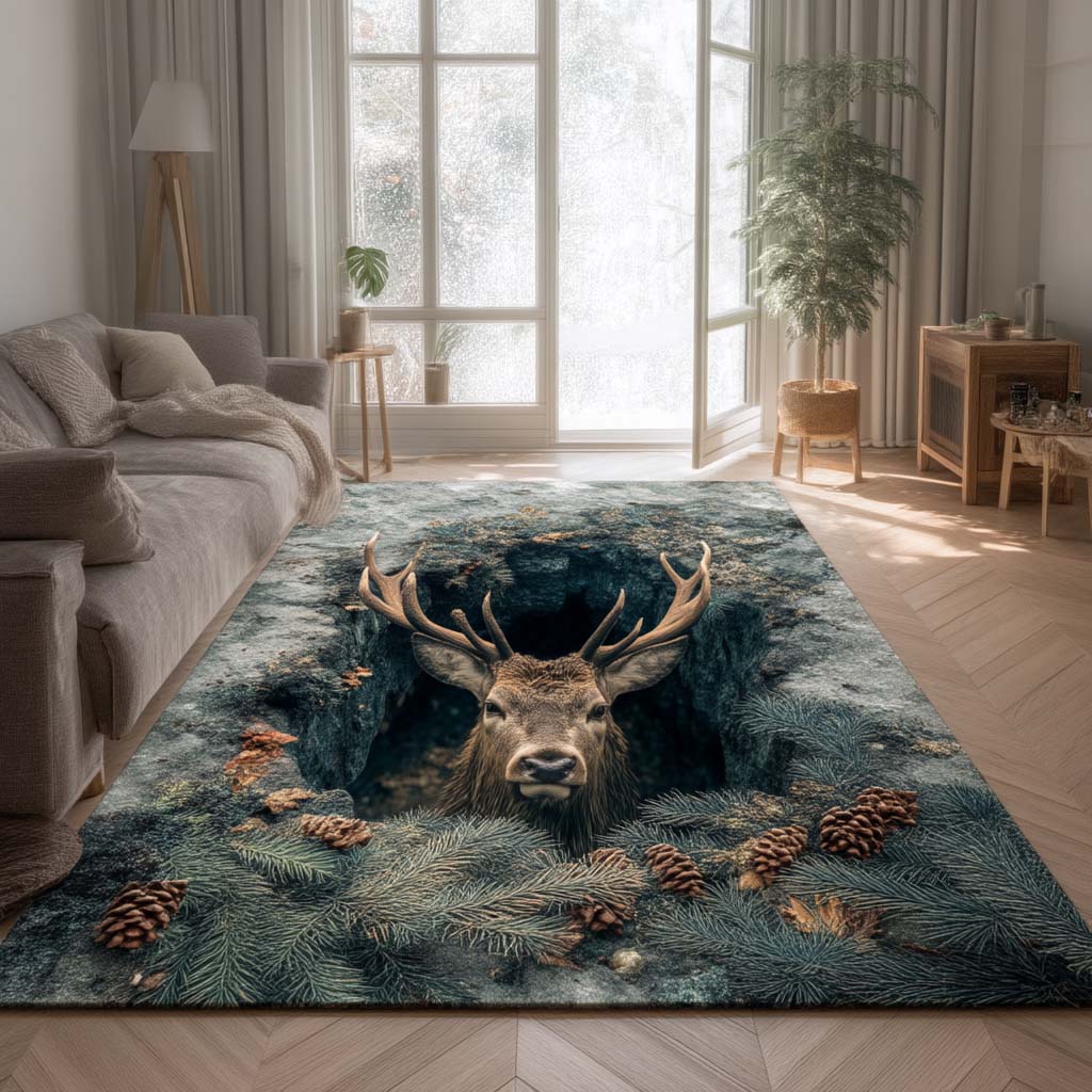 Forest Deer area rug in a living room