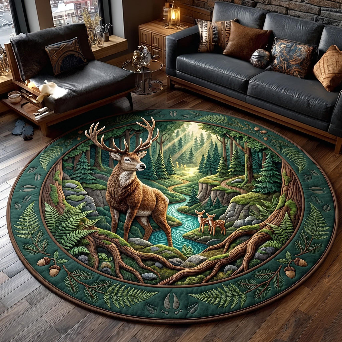 Forest Deer Round Mat Rug - Cute Animal Design | Charming Home Decor - washable non-slip printed rug