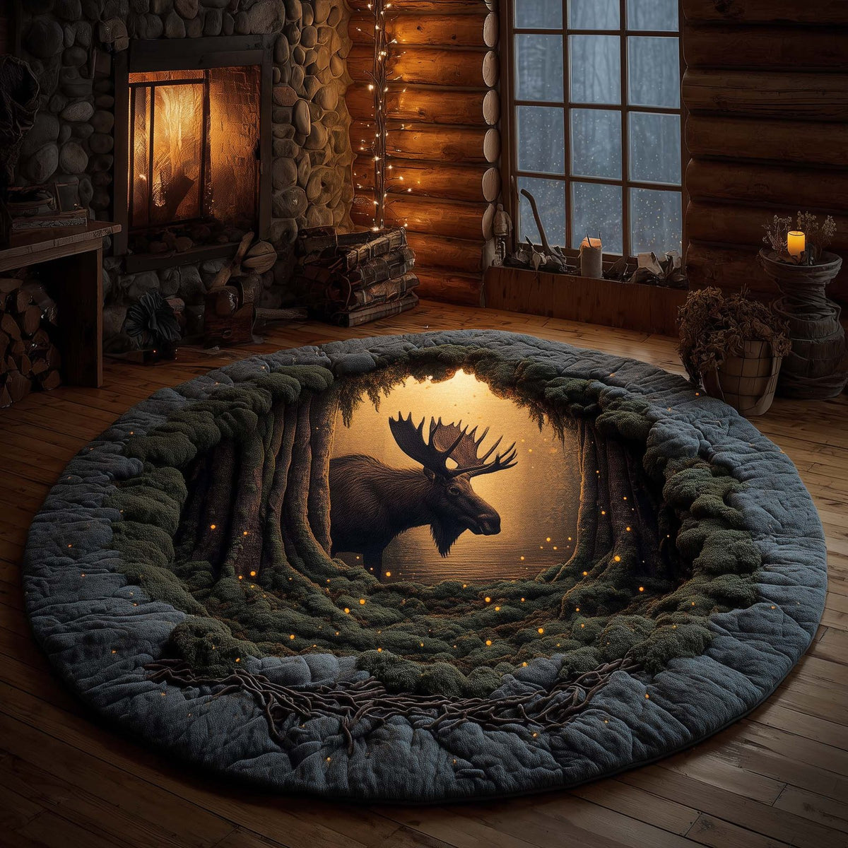 Forest Moose Round Mat Rug - washable non-slip printed rug