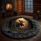 Forest Moose Round Mat Rug - washable non-slip printed rug