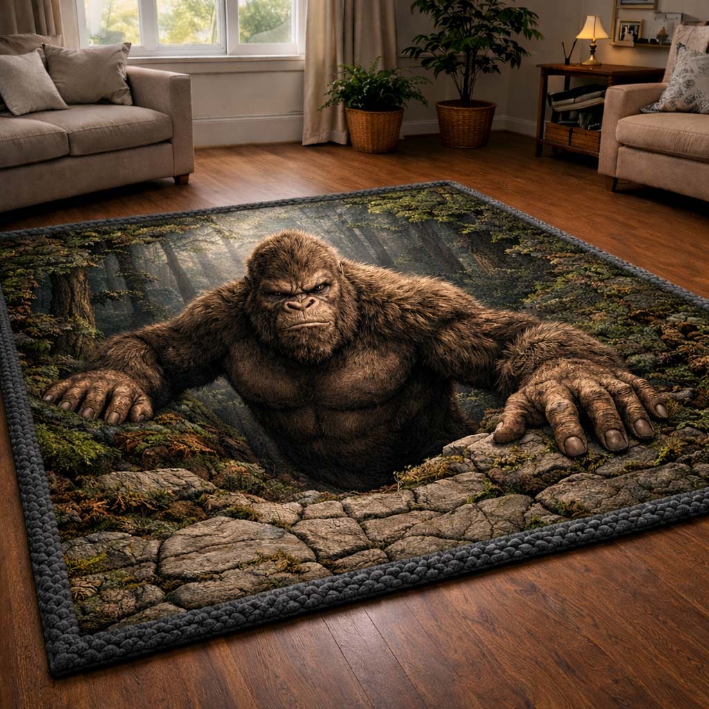 Forest Pit Bigfoot area rug in a living room