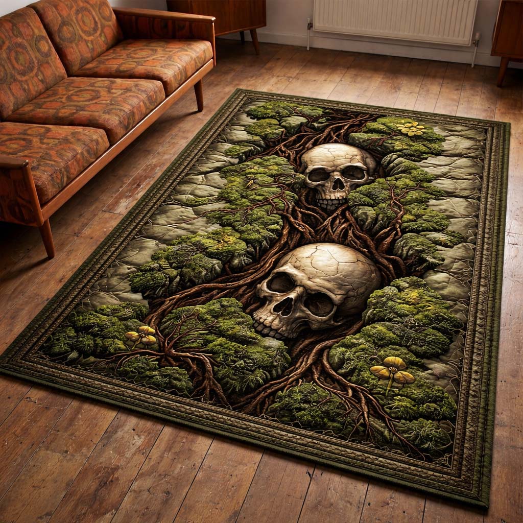 Forest Root Skull area rug in a living room