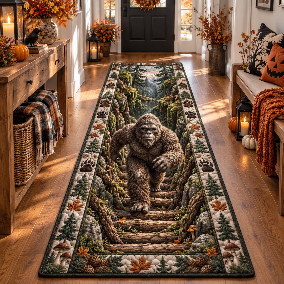 Forest Sasquatch Trail Runner Rug - Nature Design | Serene Runner Rug - washable non-slip printed rug