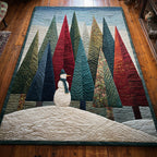 Forest Snowman Solitude area rug in a living room