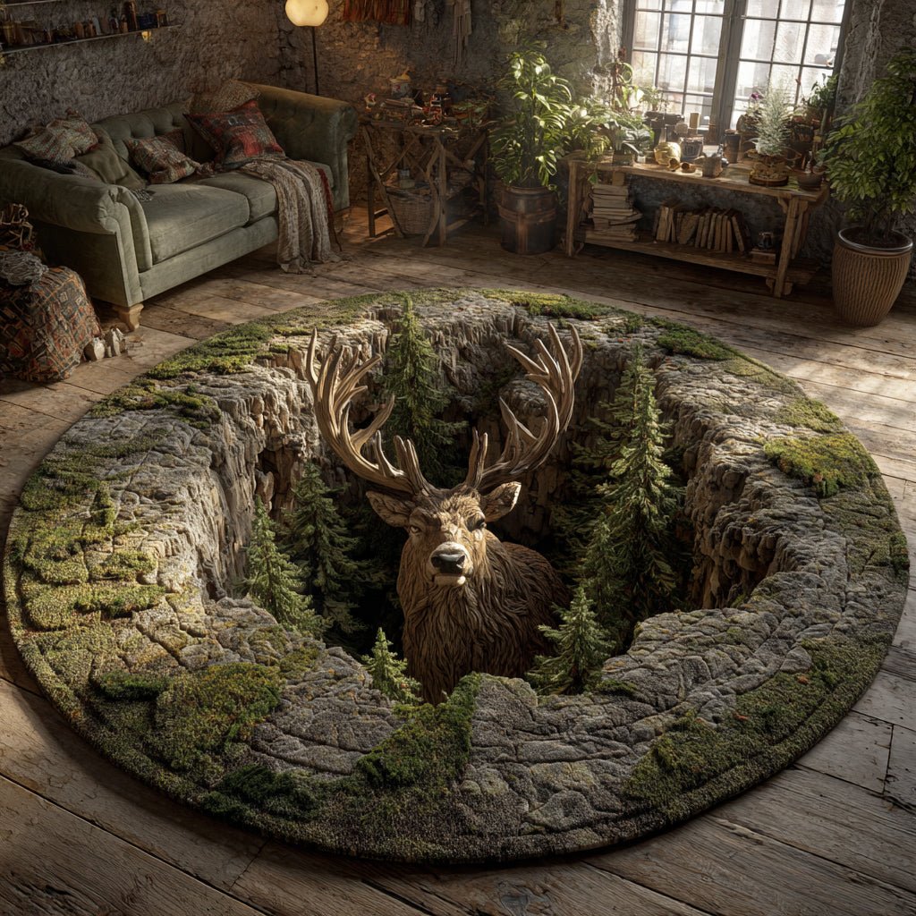 Forest Stag Grotto Round Mat Rug - washable non-slip printed rug