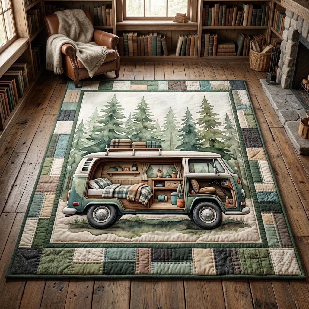 Forest Vanlife area rug in a living room