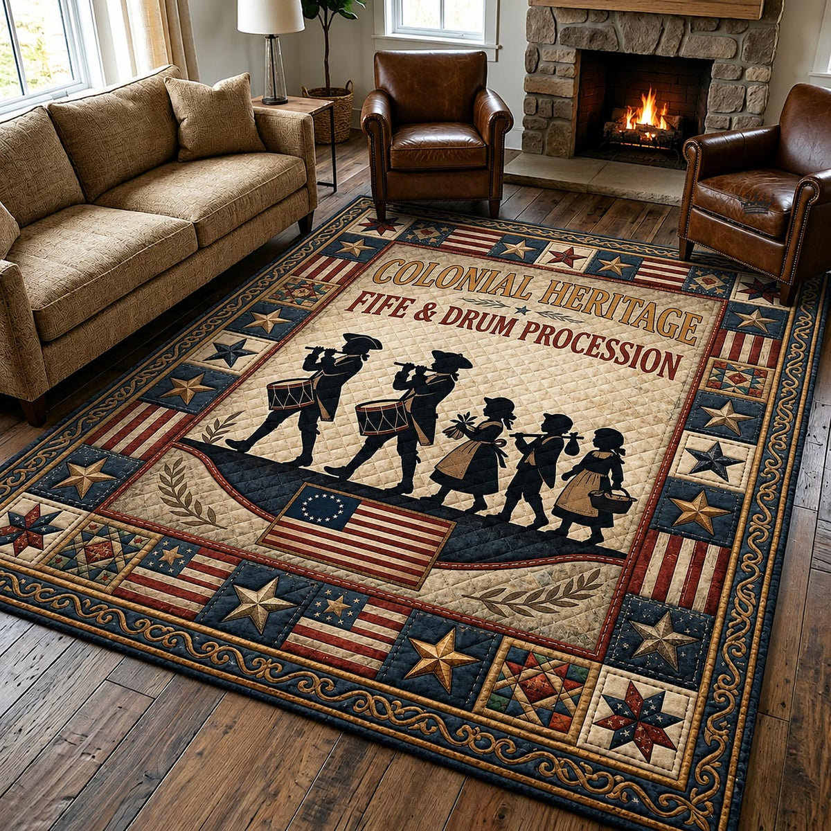 Founding Memories area rug in a living room
