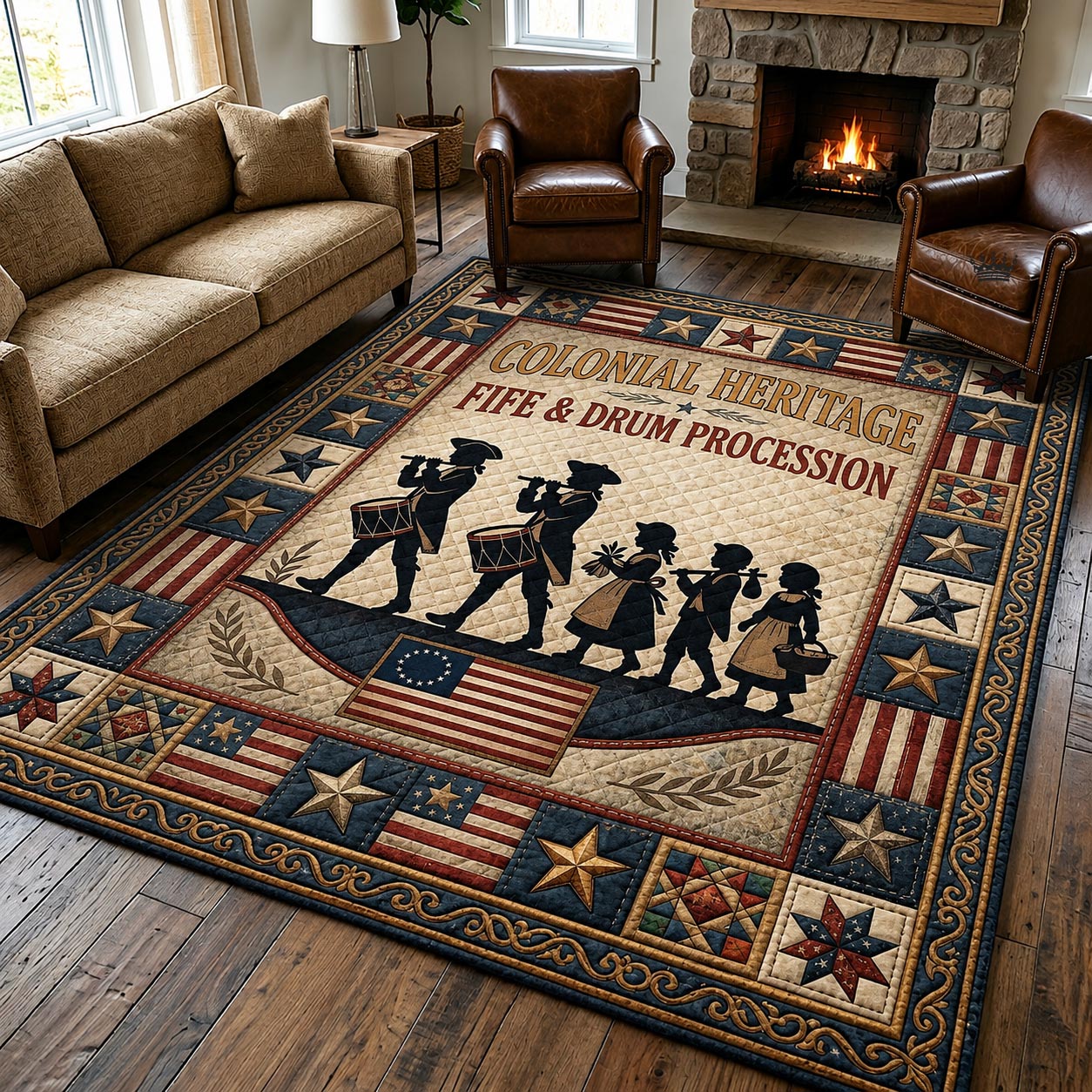 Founding Memories area rug in a living room