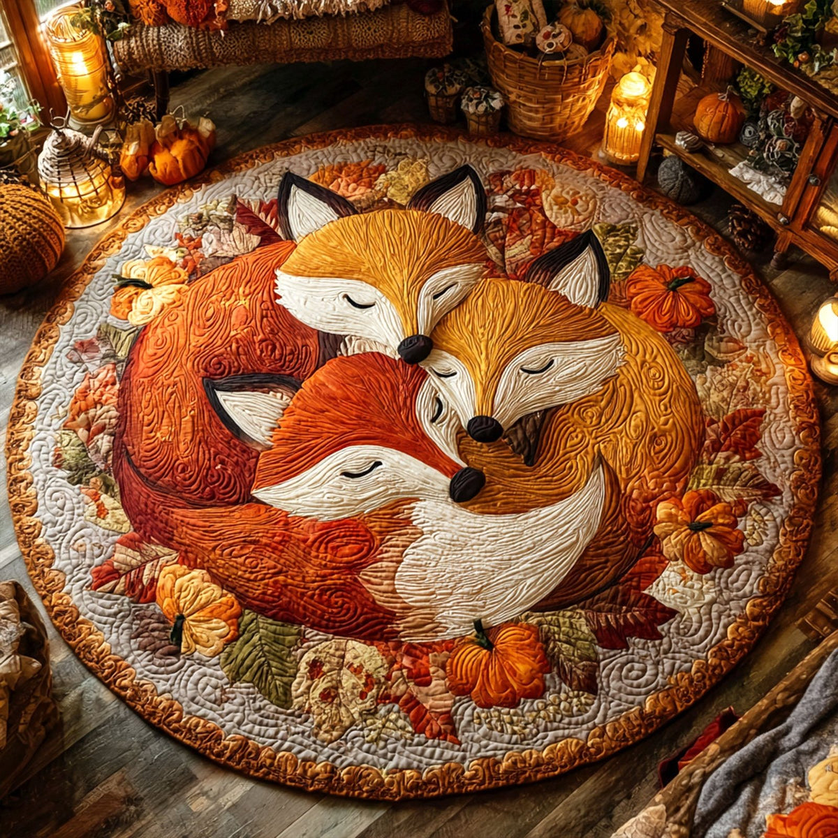 Fox Family Nest Round Mat Rug - washable non-slip printed rug