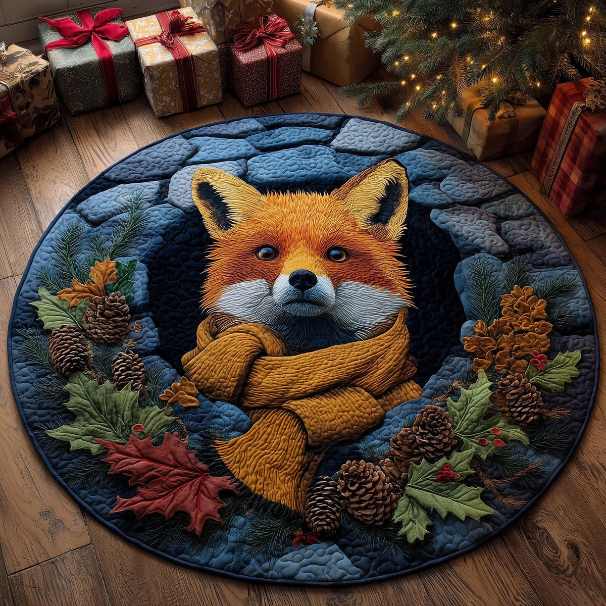 Fox Holiday Delight Christmas Round Mat Rug - washable non-slip printed rug