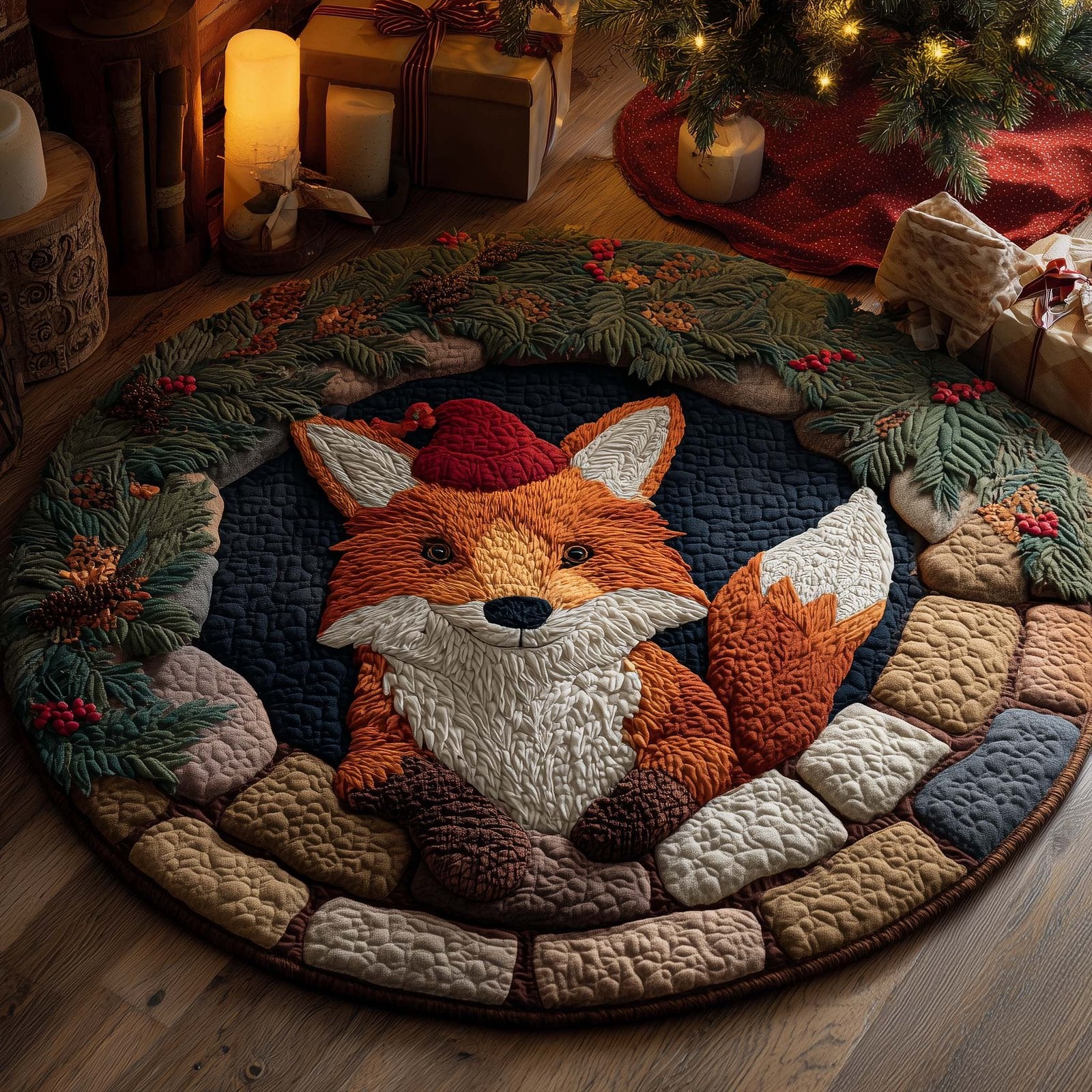 Fox Holiday Delight Round Mat Rug - Cute Pet Design | Animal Printed Home Decor