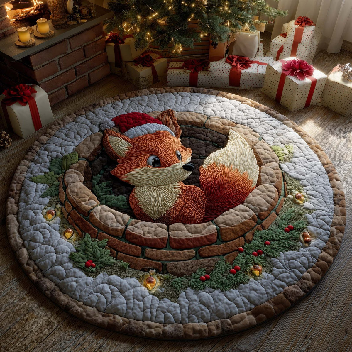 Fox Holiday Delight Round Mat Rug - Cute Pet Design | Animal Printed Home Decor