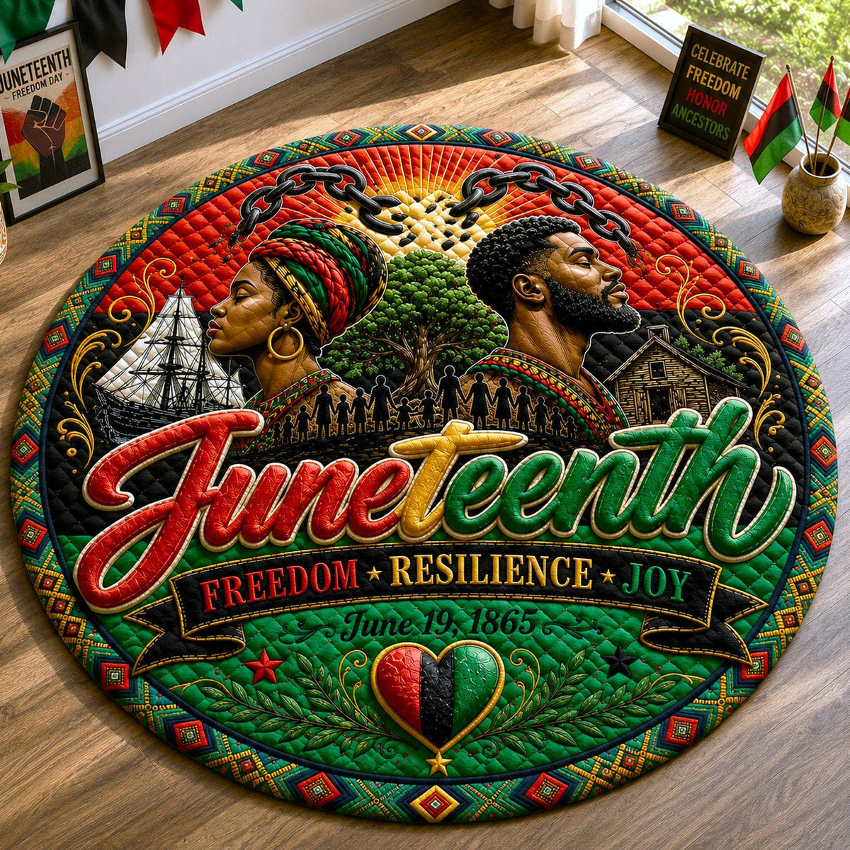 Freedom Juneteenth Celebration Round Mat Rug - washable non-slip printed rug