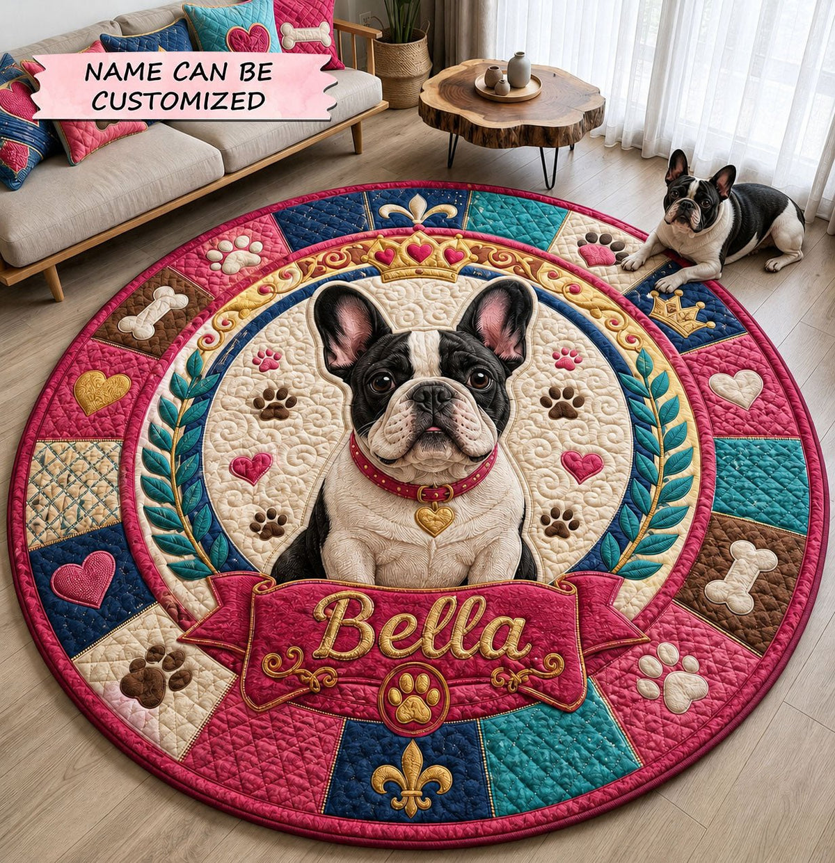 French Bulldog Royal Darling Round Mat Rug - washable non-slip printed rug