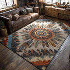 Frontier Feather Crest area rug in a living room