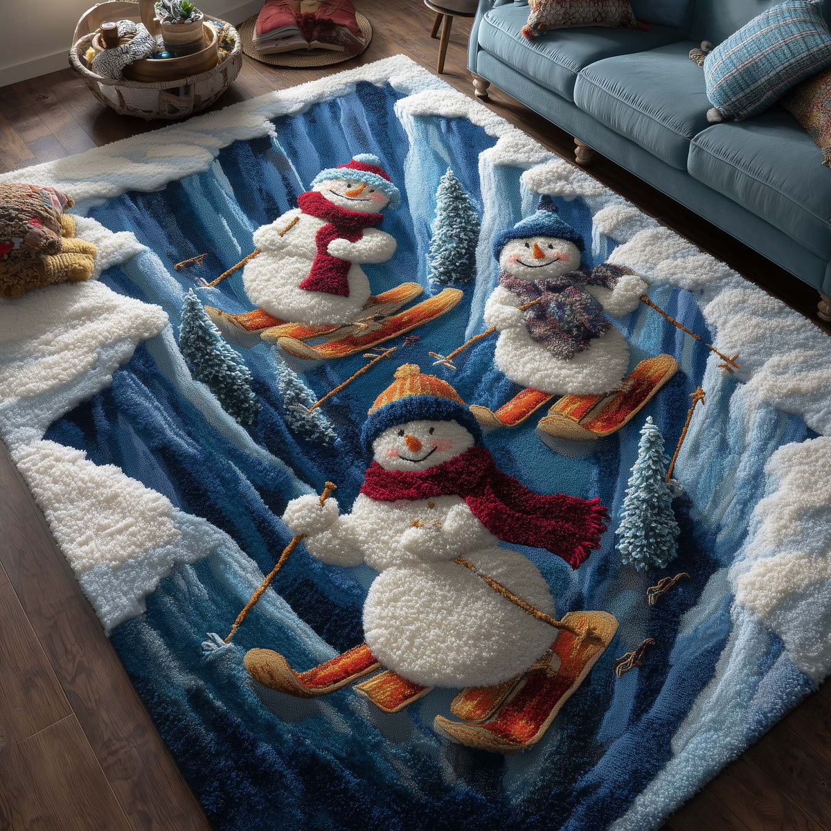 Frostbound Friends area rug in a living room