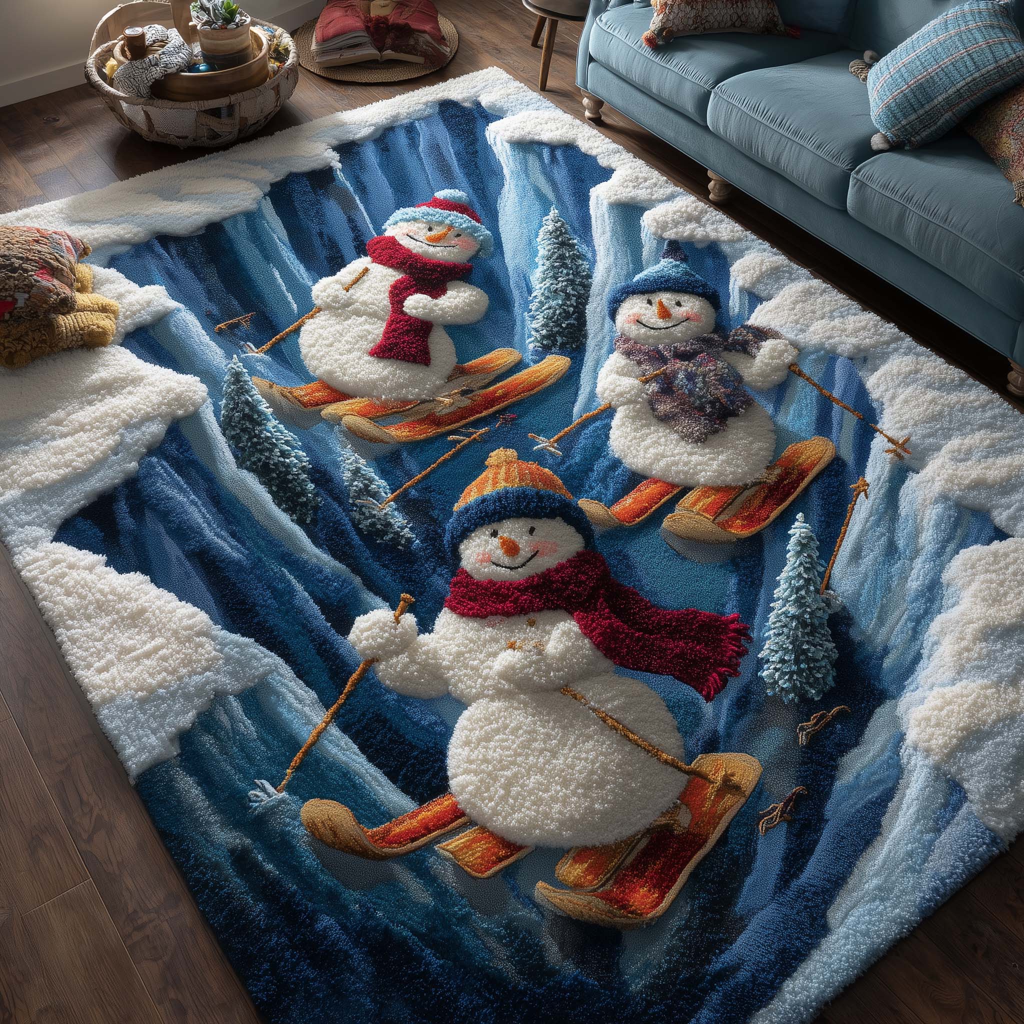 Frostbound Friends area rug in a living room