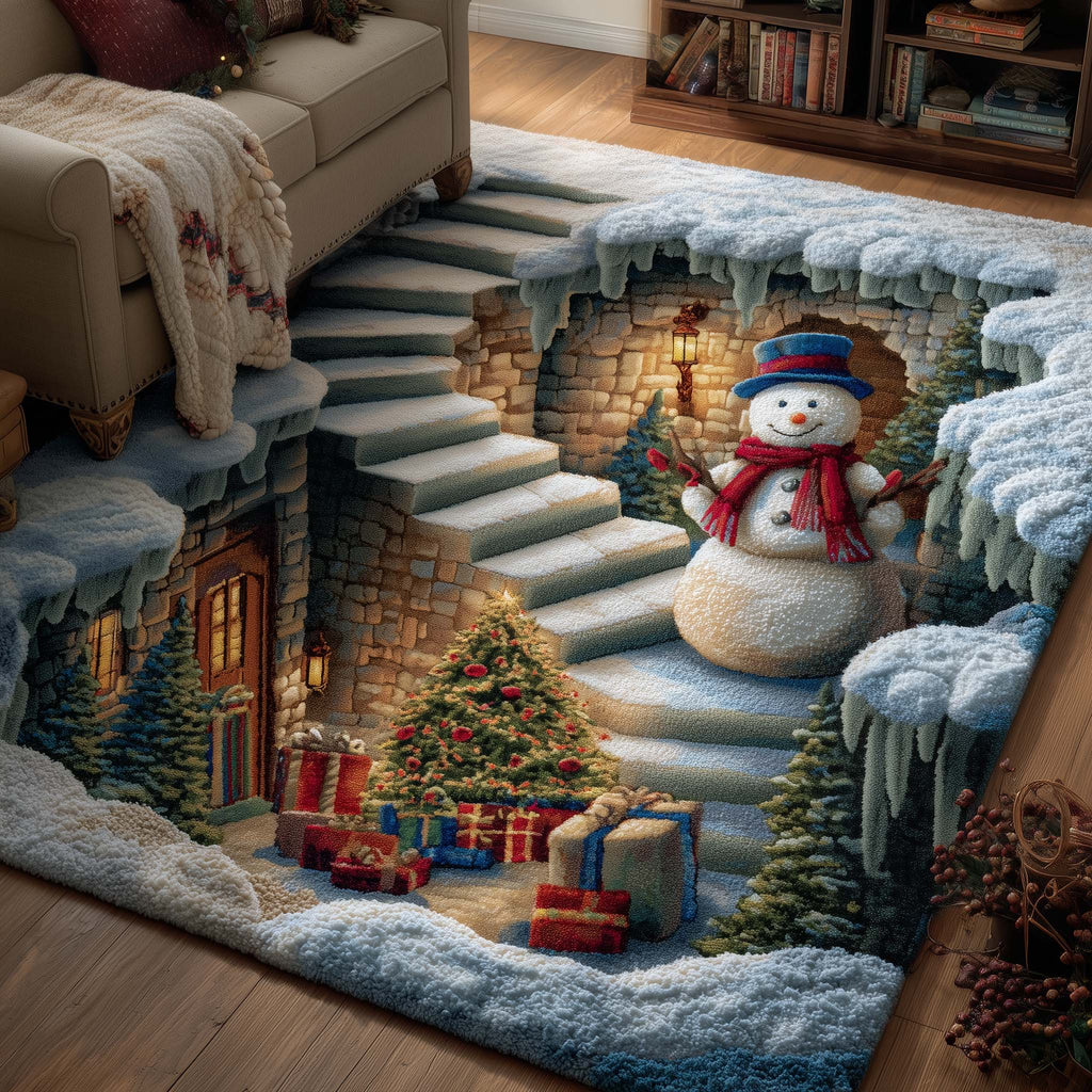 Frostbound Friends area rug in a living room