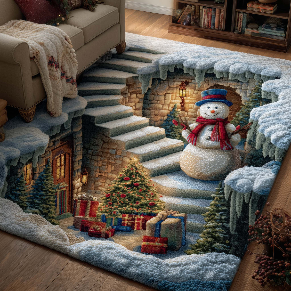 Frostbound Friends area rug in a living room