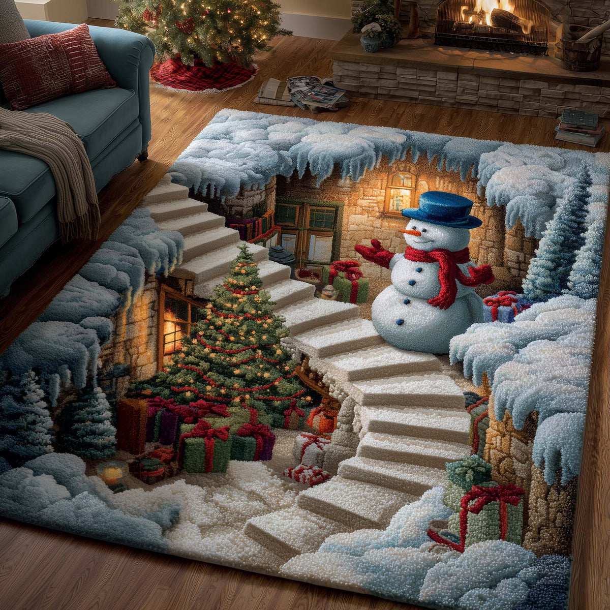 Frostbound Friends area rug in a living room
