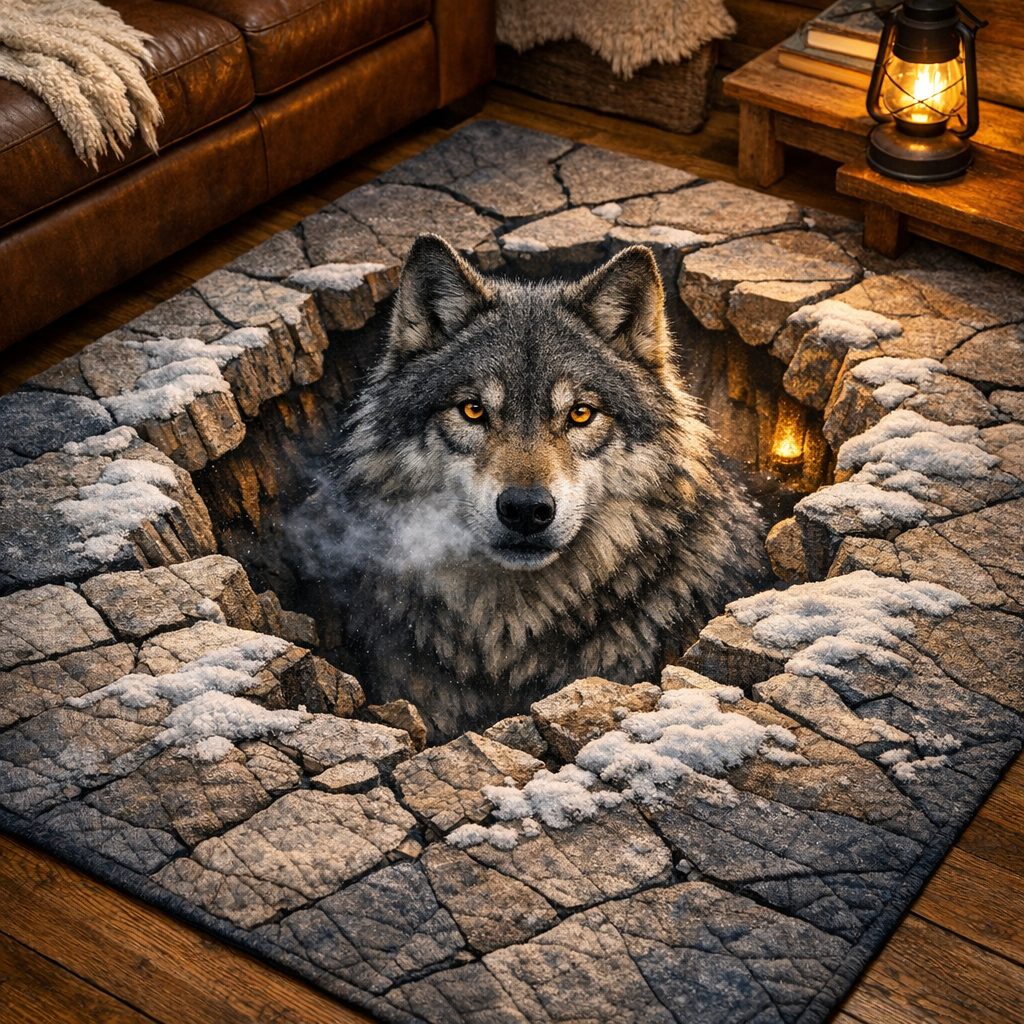 Frostbreath Wolf area rug in a living room